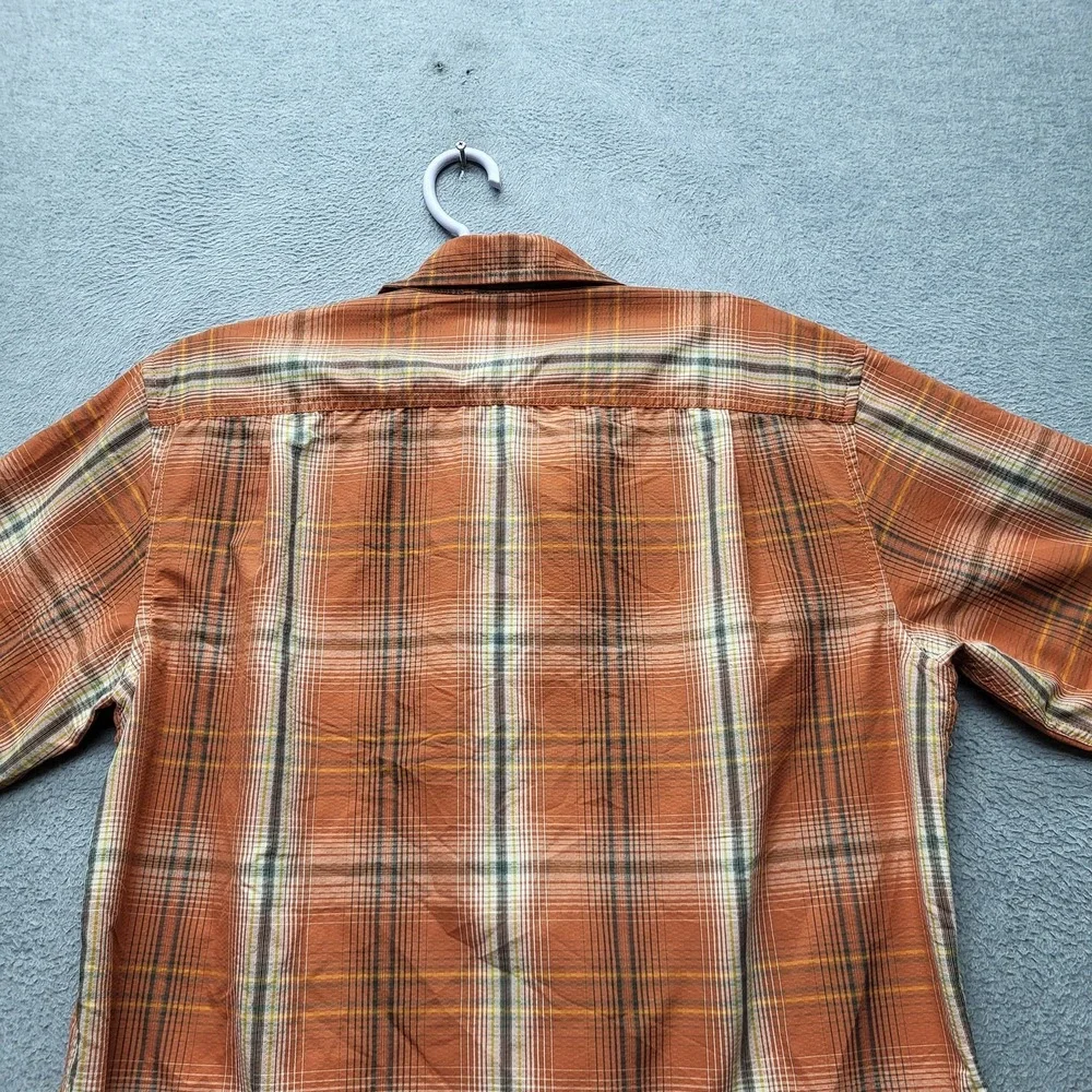 Eddie Bauer Men Button Up Shirt M Orange Nylon Travex Plaid‎ Ripstop Outdoor